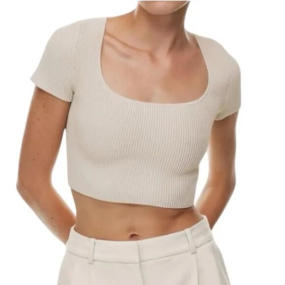 Babaton Short Sleeve  Ribbed Crop Top Women's Size Large Neutral Square Neck - Picture 2 of 13